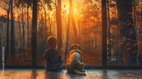 Back view of a little kid sit with a dog by window with beautiful view of Autumn foliage