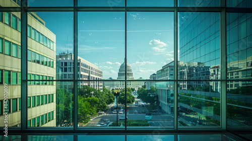 a view of Washington Capital buidling through some office french glass windows
