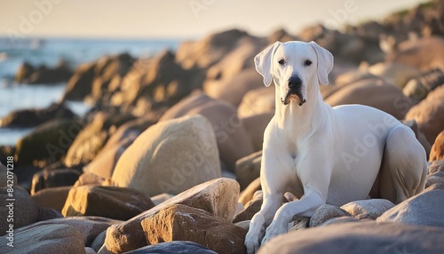 great dane sitting in rocks on beach photo