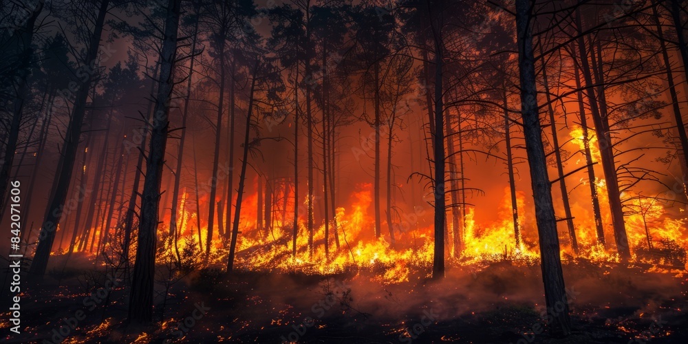 Intense wildfire blazing through a pine forest at night Intense wildfire blazing through a pine forest at night