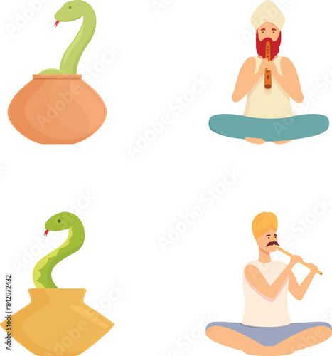 Collection of four colorful vector illustrations featuring yoga and meditation themes, including a snake charmer