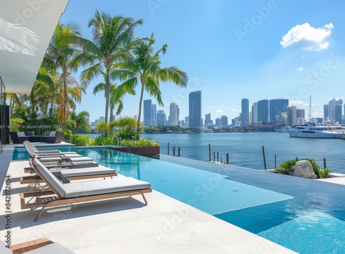 Luxurious Miami home with pool and view of the city skyline, in the background is Bayside Beach with boats docked.