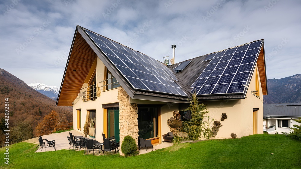 Smart Home with alternative electrical energy. House with a solar panel system on the roof, against the backdrop of the mountains. Concept: solar energy sources. Smart Home with alternative electrical energy. House with a solar panel system on the roof, against the backdrop of the mountains. Concept: solar energy sources.