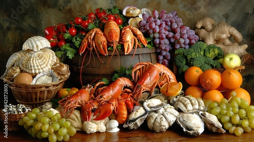 Still life with seafood and fruits, including lobster, oysters, grapes, oranges and other products, beautifully laid out on the table.