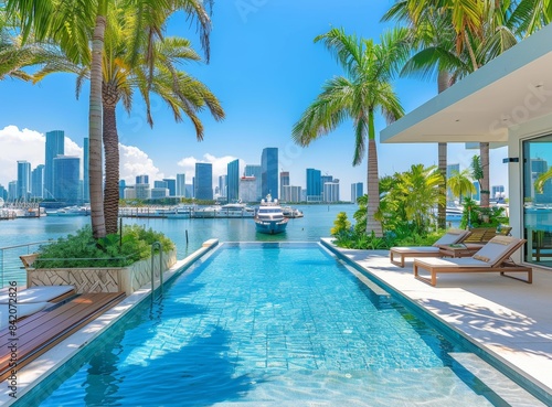 Luxurious Miami home with pool and view of the city skyline, in the background is Bayside Beach with boats docked.