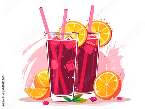 Two glasses of a drink with ice and orange slices on the side