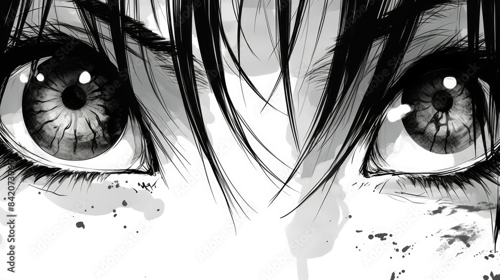 manga-eyes-drawing-of-black-and-white-anime-character-stock