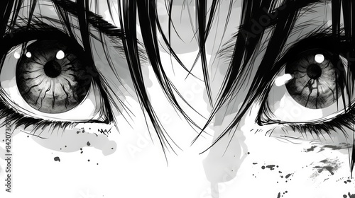 Manga eyes. Drawing of black and white anime character