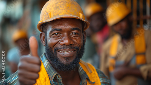 senior Smiling satisfied worker in working clothes, with helmet and hardhat standing in factory and showing okay sign. 