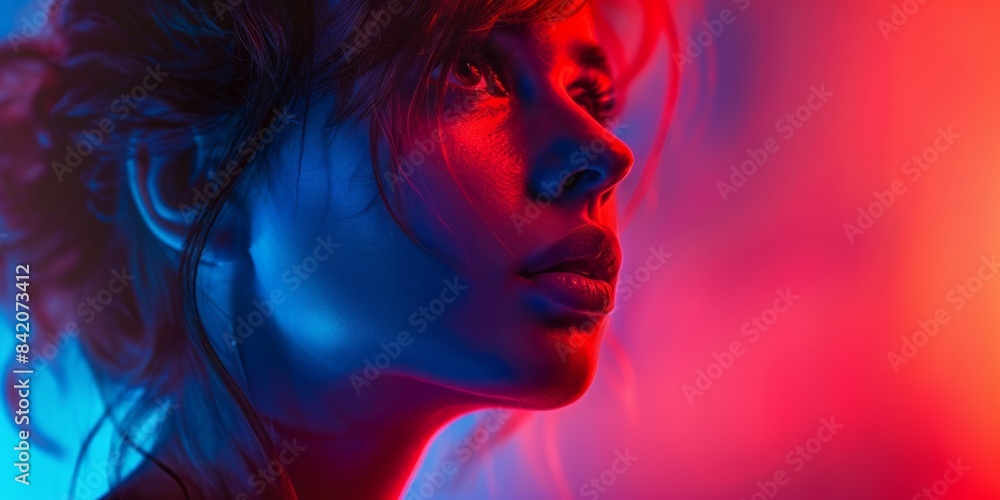 Portrait of a woman in vibrant red and blue lighting Portrait of a woman in vibrant red and blue lighting