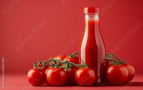 Fresh Tomatoes and Tomato Ketchup on Red Background