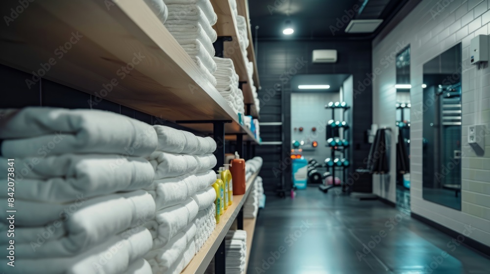 Obraz premium A row of wooden shelves in a modern gym are filled with stacks of fresh white towels.