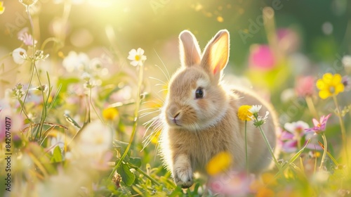 Cute baby rabbit at outdoor lawn with flowers in Spring