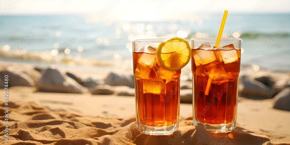 Woman enjoying iced tea on sunny beach with copy space. Concept Summer Vibes, Beach Relaxation, Iced Tea Refreshment, Sunny Escapes, Copy Space Opportunities Woman enjoying iced tea on sunny beach with copy space. Concept Summer Vibes, Beach Relaxation, Iced Tea Refreshment, Sunny Escapes, Copy Space Opportunities
