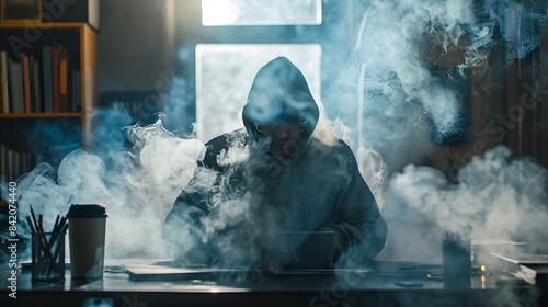 Mysterious Hacker in Hoodie - Man Working on Laptop Surrounded by Smoke, Cybersecurity Concept, Dark Office Environment, Hacker at Work, Intriguing Atmosphere, Hooded Man in Darkness, Cybercrime Scene