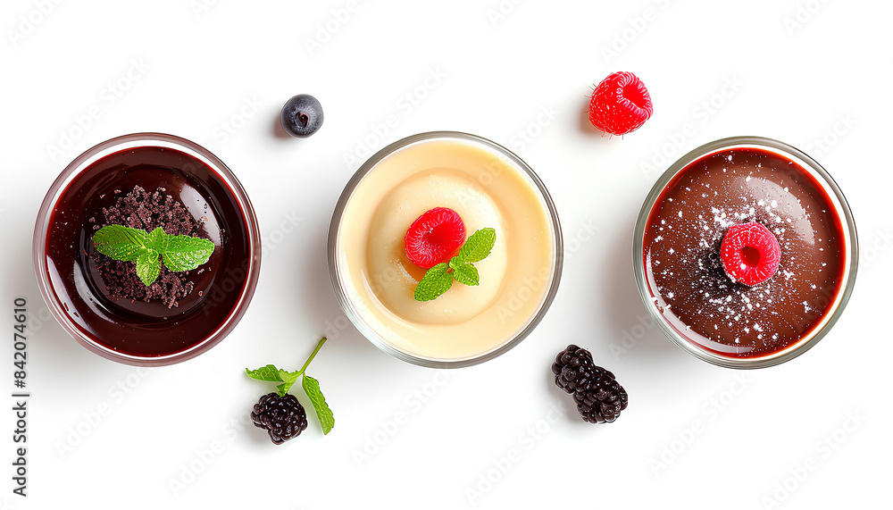 Set of tasty pudding isolated on white, top view Set of tasty pudding isolated on white, top view