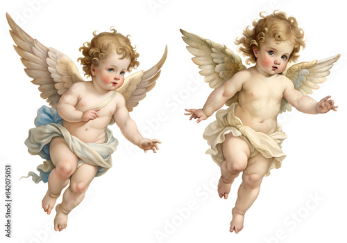 Victorian baby angel, flying on isolated transparent background
