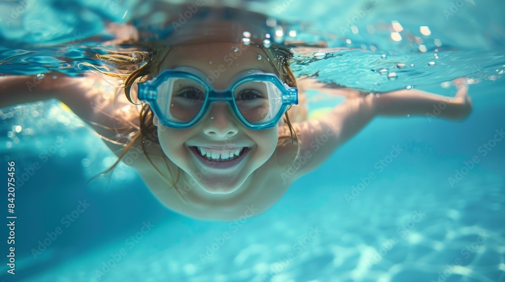 Naklejka premium Underwater portrait of happy female in swimming pool.