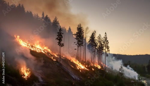 forest fire in the evening