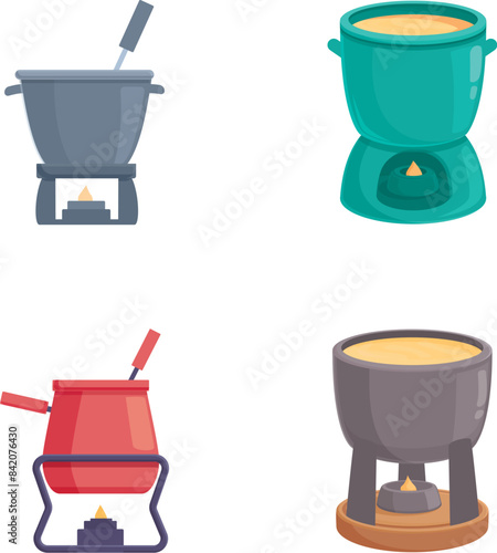 Collection of four colorful fondue pots, perfect for culinary designs