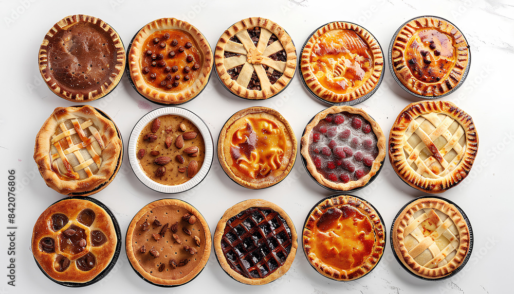 Set of different tasty pies on white background, top view Set of different tasty pies on white background, top view