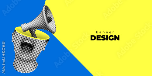 Pop art style banner with screaming woman and bullhorn. Modern collage halftone female head and loudspeaker. Advertising banner with megaphone and copy space. Announcement banner of news, sales