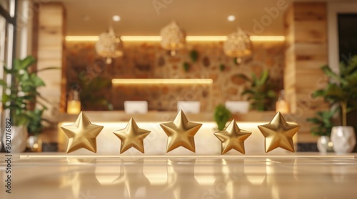 Five golden stars are displayed on a marble countertop in a hotel lobby. The stars represent excellence and quality, signifying a high-rated establishment.