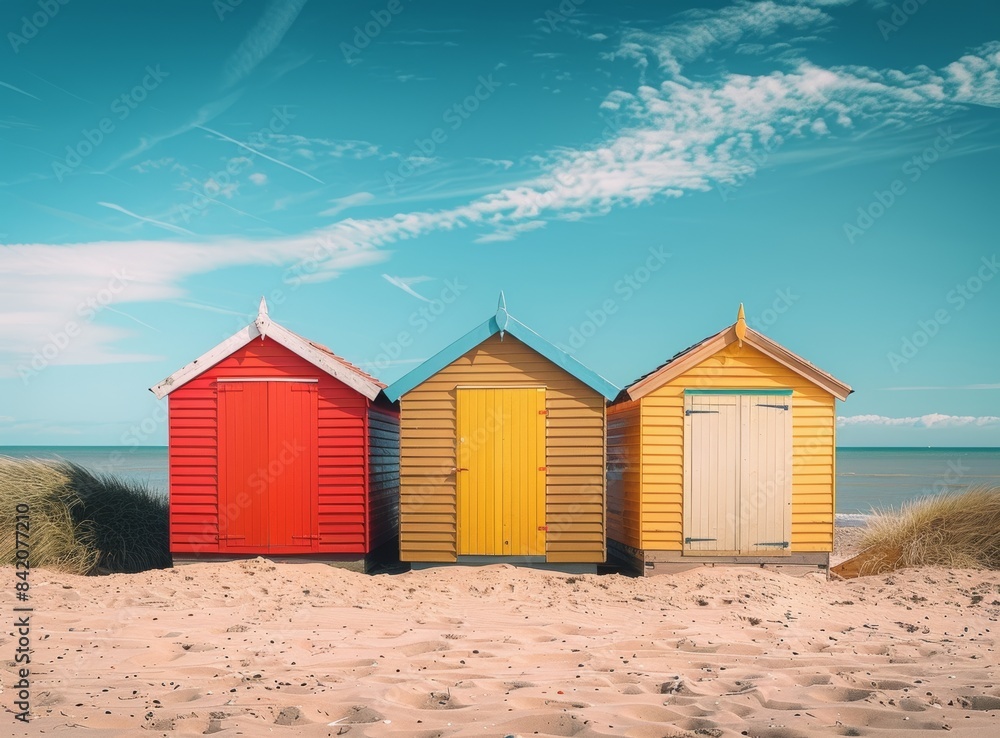 Naklejka premium Three colorful beach huts on the sandy shore of an English seaside resort with a blue sky in the summer.