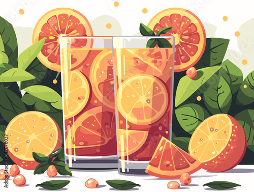 A glass of orange juice with a few slices of orange on the side. The image has a bright and cheerful mood, with the oranges and juice representing a refreshing and healthy drink