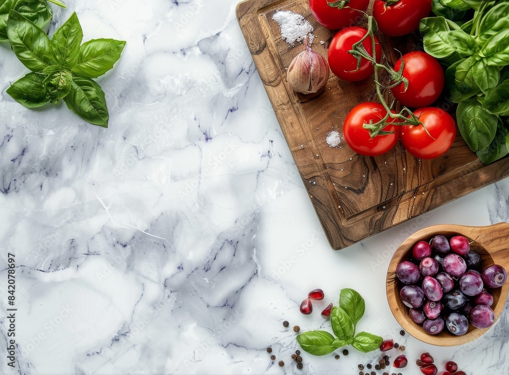 Top view of flat lay with healthy food on a white marble table, depicting a healthy eating concept. Top view of flat lay with healthy food on a white marble table, depicting a healthy eating concept.