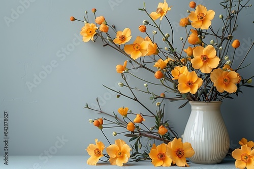 A vase of yellow flowers sits on a table photo