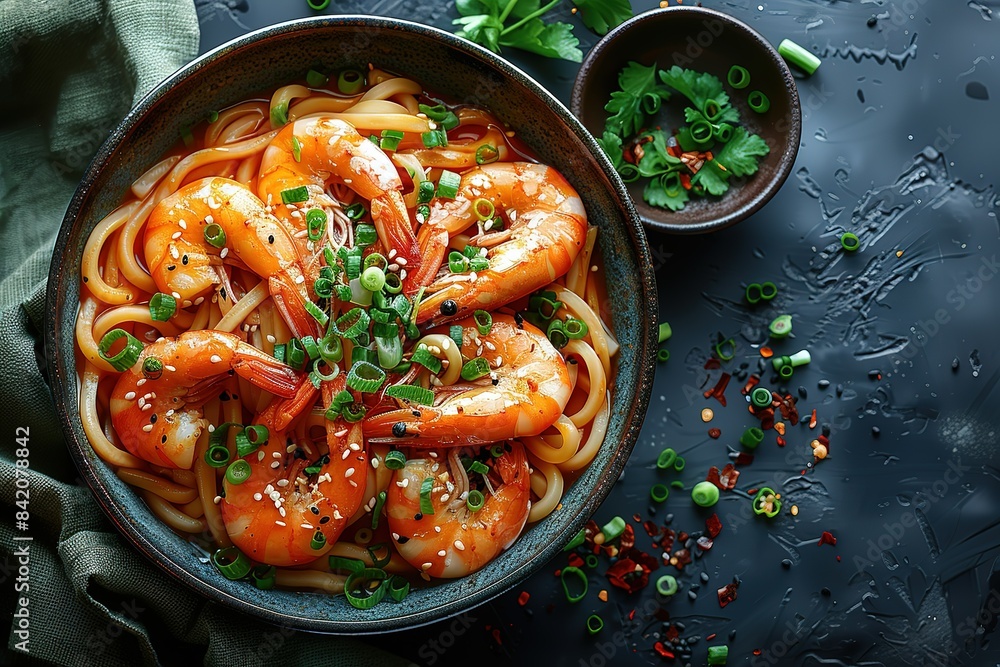 A bowl of shrimp and noodles with a green cloth on the table A bowl of shrimp and noodles with a green cloth on the table