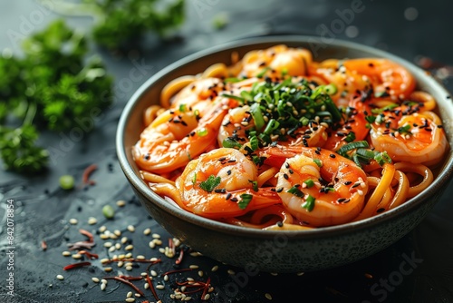 A bowl of shrimp and noodles with sesame seeds on top
