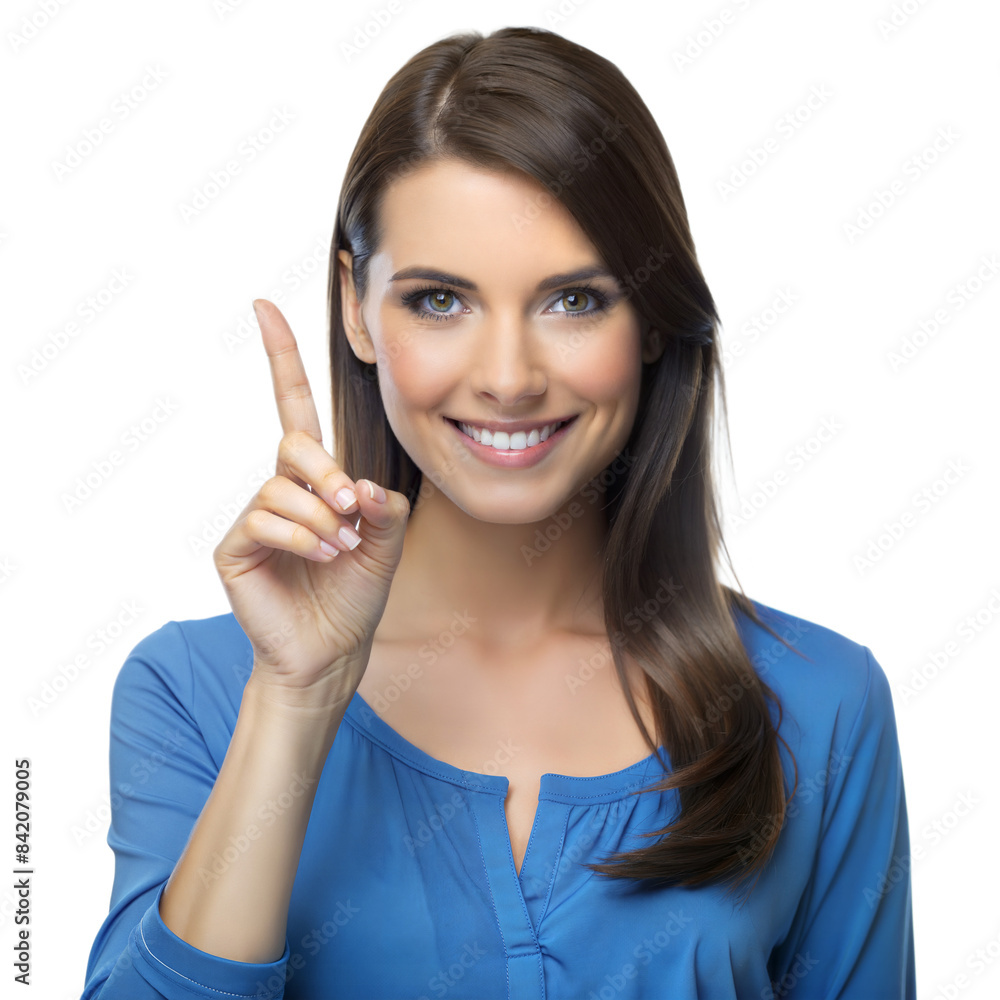 Smiling Young Woman Pointing Up With Her Index Finger Smiling Young Woman Pointing Up With Her Index Finger