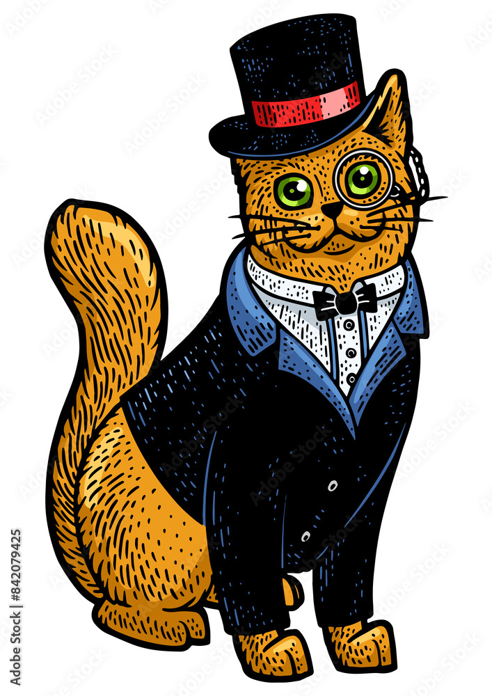 Obraz premium Cat in tuxedo blazer coat top hat and glasses color sketch engraving PNG illustration. T-shirt apparel print design. Scratch board imitation. Black and white hand drawn image.