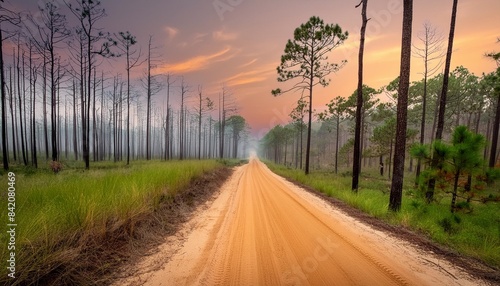 longleaf pine forest and clay road at a southern plantation during a controlled burn photo