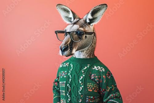 A kangaroo in a forest green fair isle vintage Winter sweater and wayfarer glasses, standing alert on a solid coral background. .