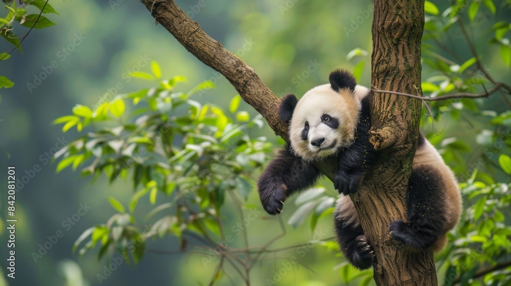 Fototapeta premium A panda bear on tree in wild forest.
