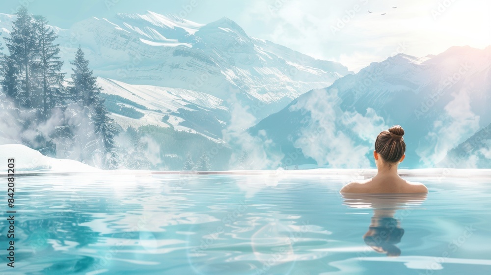 Female relax in hot spring spa with snow mountain in winter. Female relax in hot spring spa with snow mountain in winter.