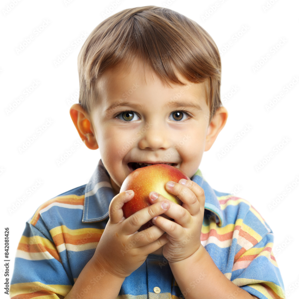 Happy Boy Eating Red Apple Isolated on Transparent Background Happy Boy Eating Red Apple Isolated on Transparent Background