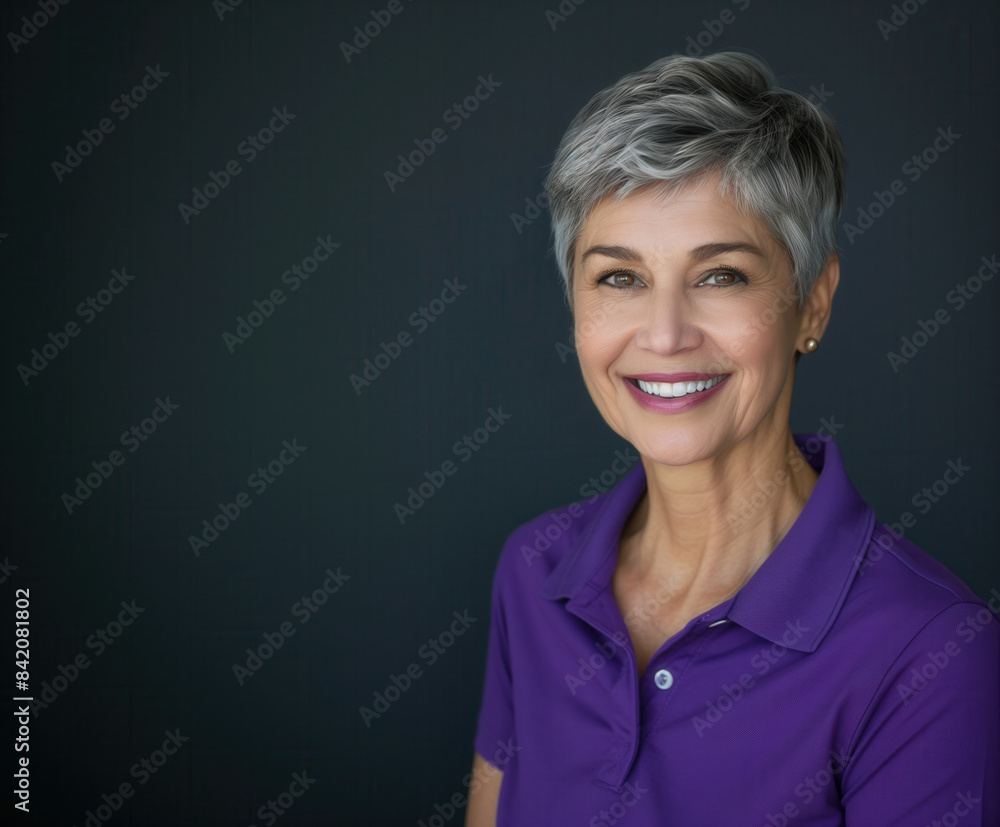 portrait of a middle aged woman with short grey hair wearing a purple polo shirt with a dark grey background and copy space portrait of a middle aged woman with short grey hair wearing a purple polo shirt with a dark grey background and copy space