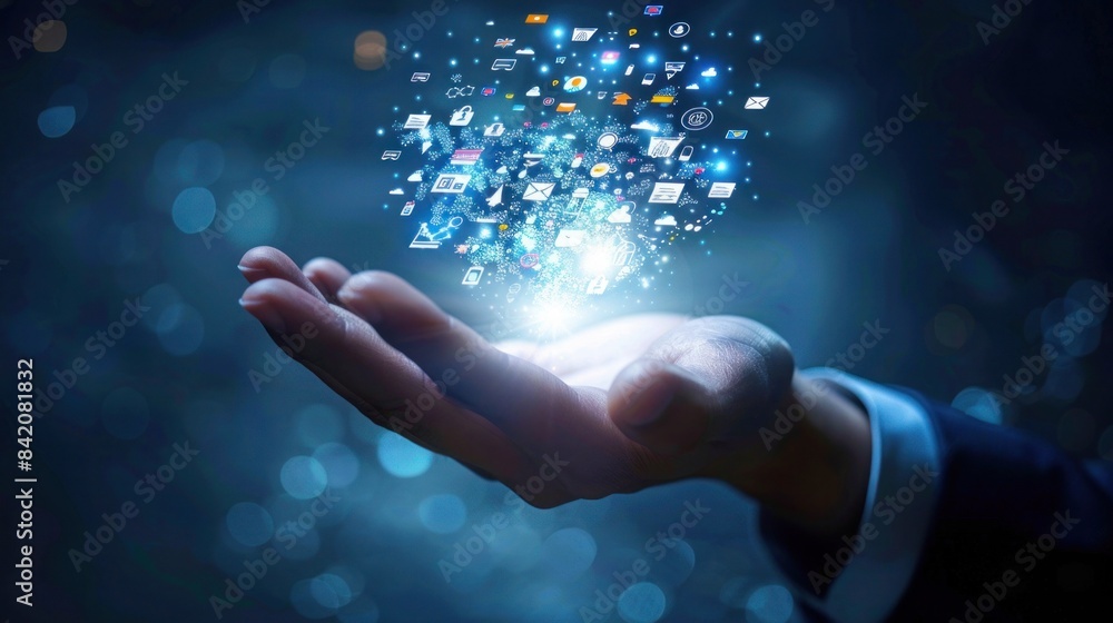 Digital marketing Business and financial element Financial technology with close-up businessman hand holding Business and financial icons Digital marketing Business and financial element Financial technology with close-up businessman hand holding Business and financial icons