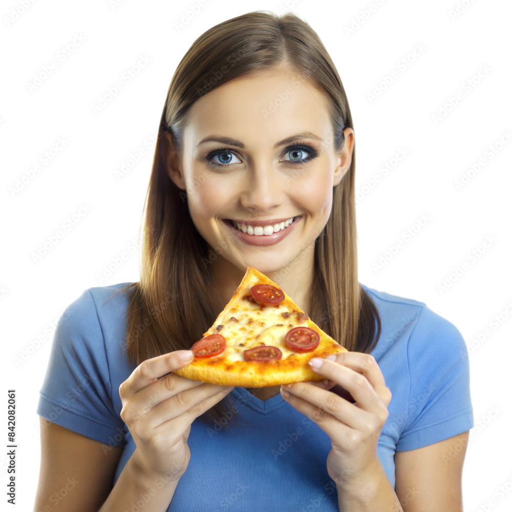 Smiling Woman Holding A Slice of Pizza Smiling Woman Holding A Slice of Pizza