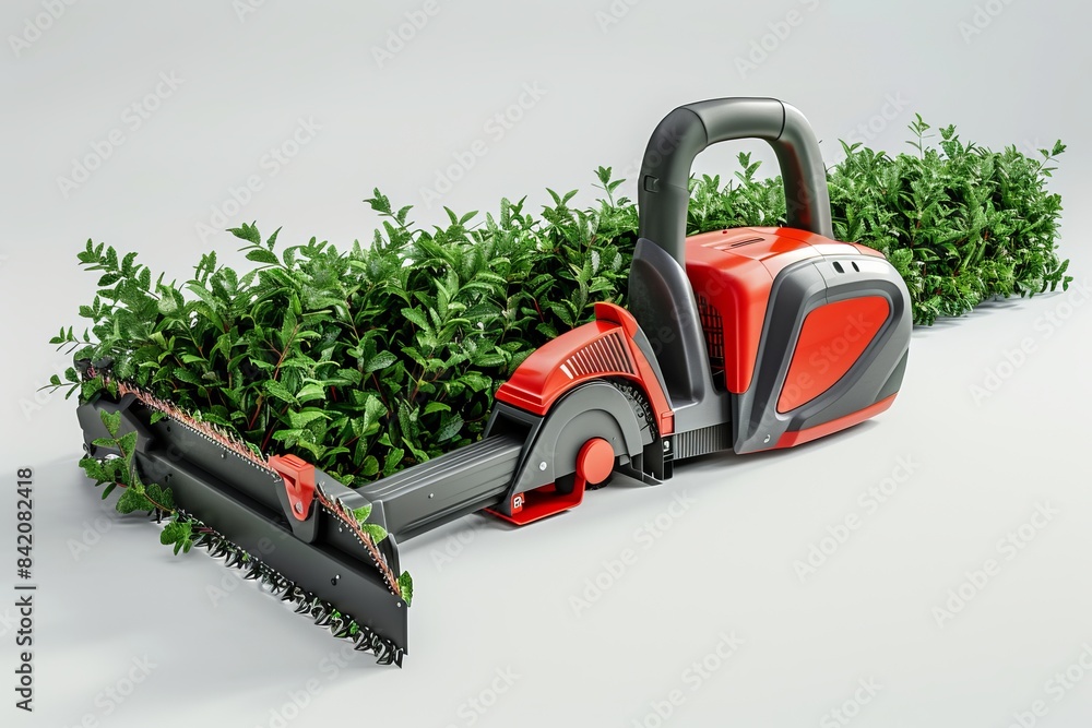 Fototapeta premium Modern electric hedge trimmer on a white background. The tool is right next to a freshly trimmed green hedge. Functional garden equipment concept. Minimalist design and vibrant colors. Generative AI