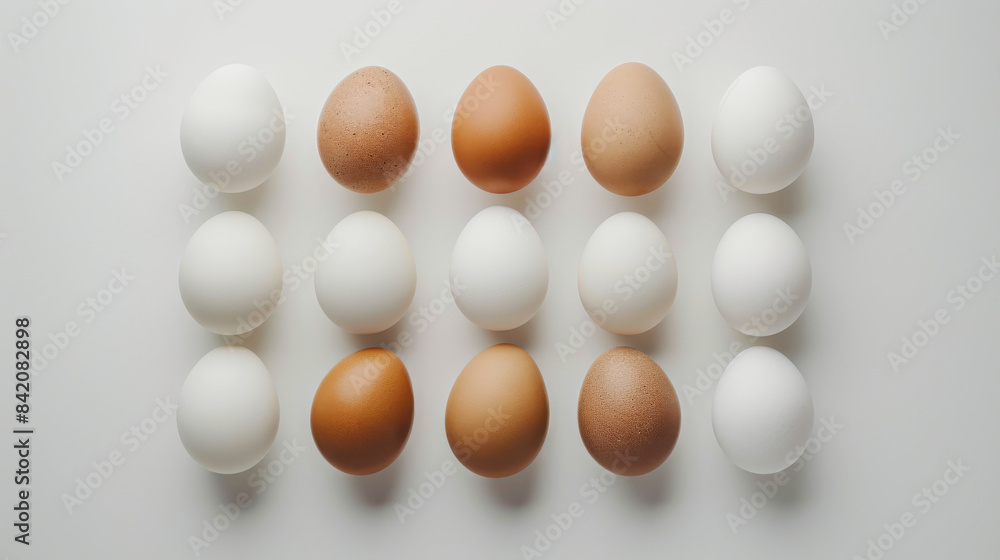 Arrangement of white and brown eggs in rows on a white background. Minimalistic food concept Arrangement of white and brown eggs in rows on a white background. Minimalistic food concept