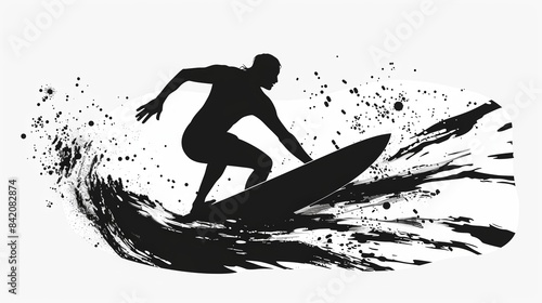 Vector illustration black silhouette of a surfer surfing with high tide with water splashes