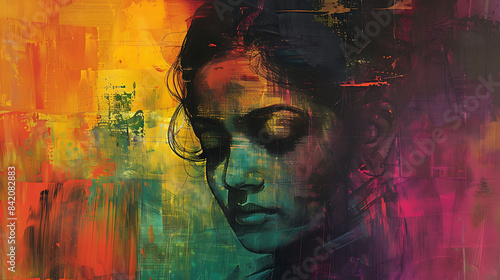 A beautiful Indian woman in silhouette, featuring black contours against a vibrant, colorful background. Elegant and striking, the image highlights cultural beauty through dynamic contrast and vivid h