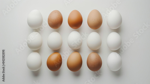 Arrangement of white and brown eggs in rows on a white background. Minimalistic food concept
