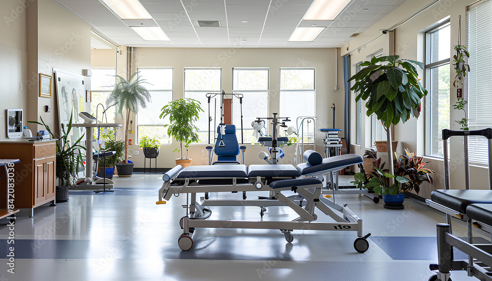 Interior of rehabilitation center with couch and equipment Interior of rehabilitation center with couch and equipment