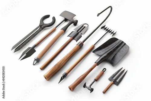 Vintage-inspired gardening tools collection, featuring various hand tools with wooden handles. Ideal for gardening, landscaping, and horticulture enthusiasts. Perfect for gardens and hobby use